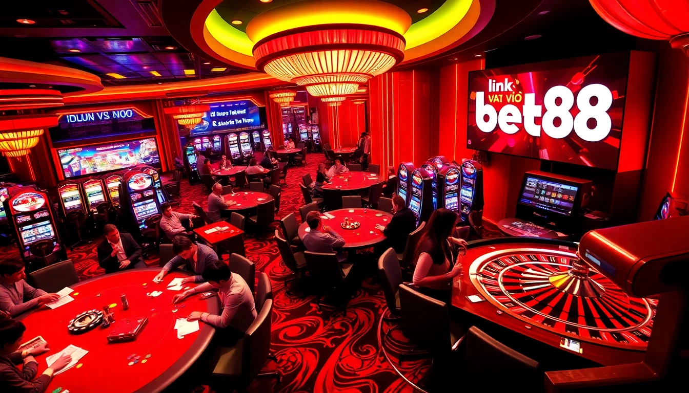 Experience the thrill of gambling with "link vào bet88" visualized through poker players and a vibrant casino atmosphere.