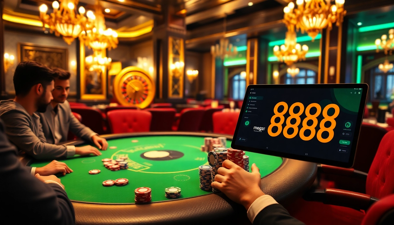Experience the thrill of mega888 at a luxurious casino poker table full of excitement and vibrant chips.