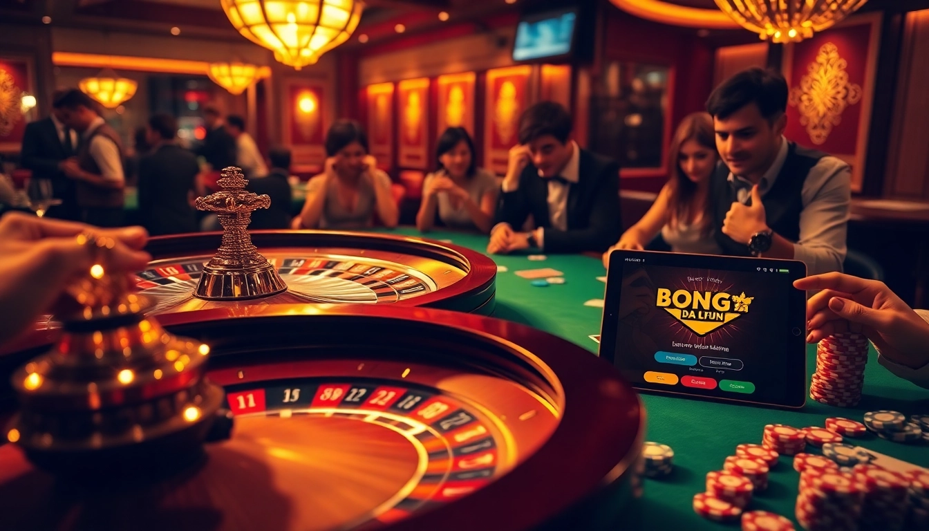 Bong da lu fun embodies the thrill of live casino action with vibrant games, engaging players around a roulette table.