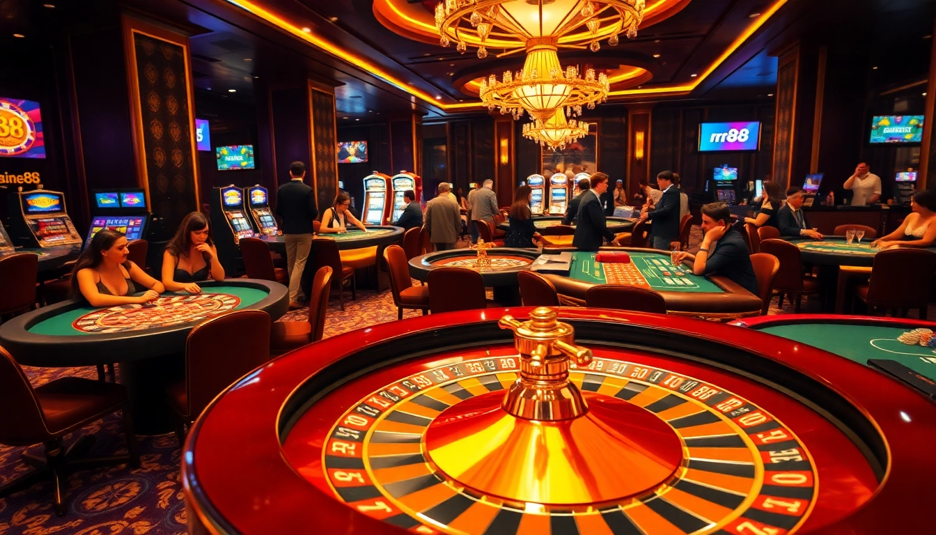 Exciting atmosphere at rr88 casino with players enjoying blackjack, roulette, and poker tables.