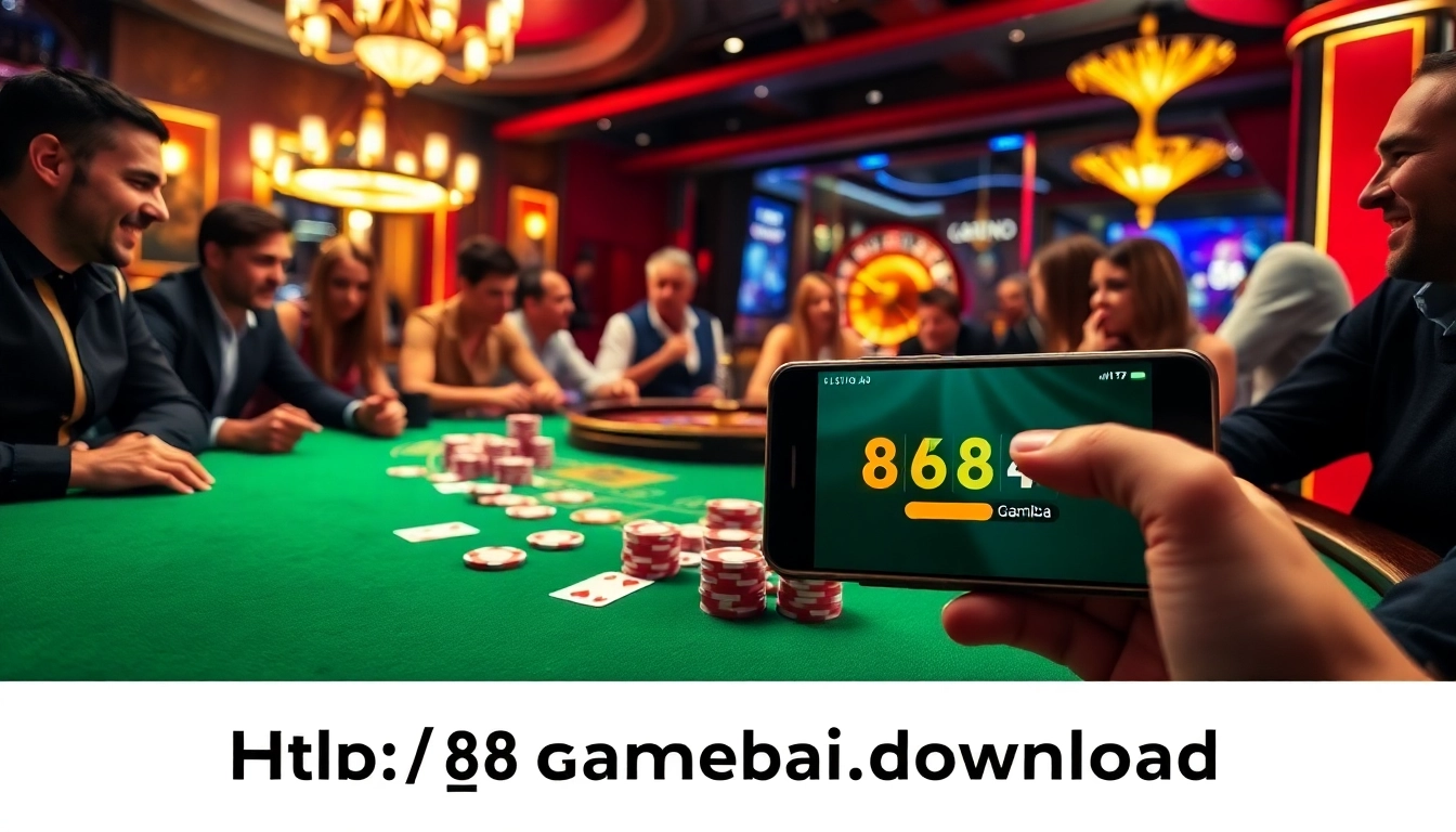 Players enjoying a thrilling poker game at a casino table while engaging with the app https://68gamebai.download/.