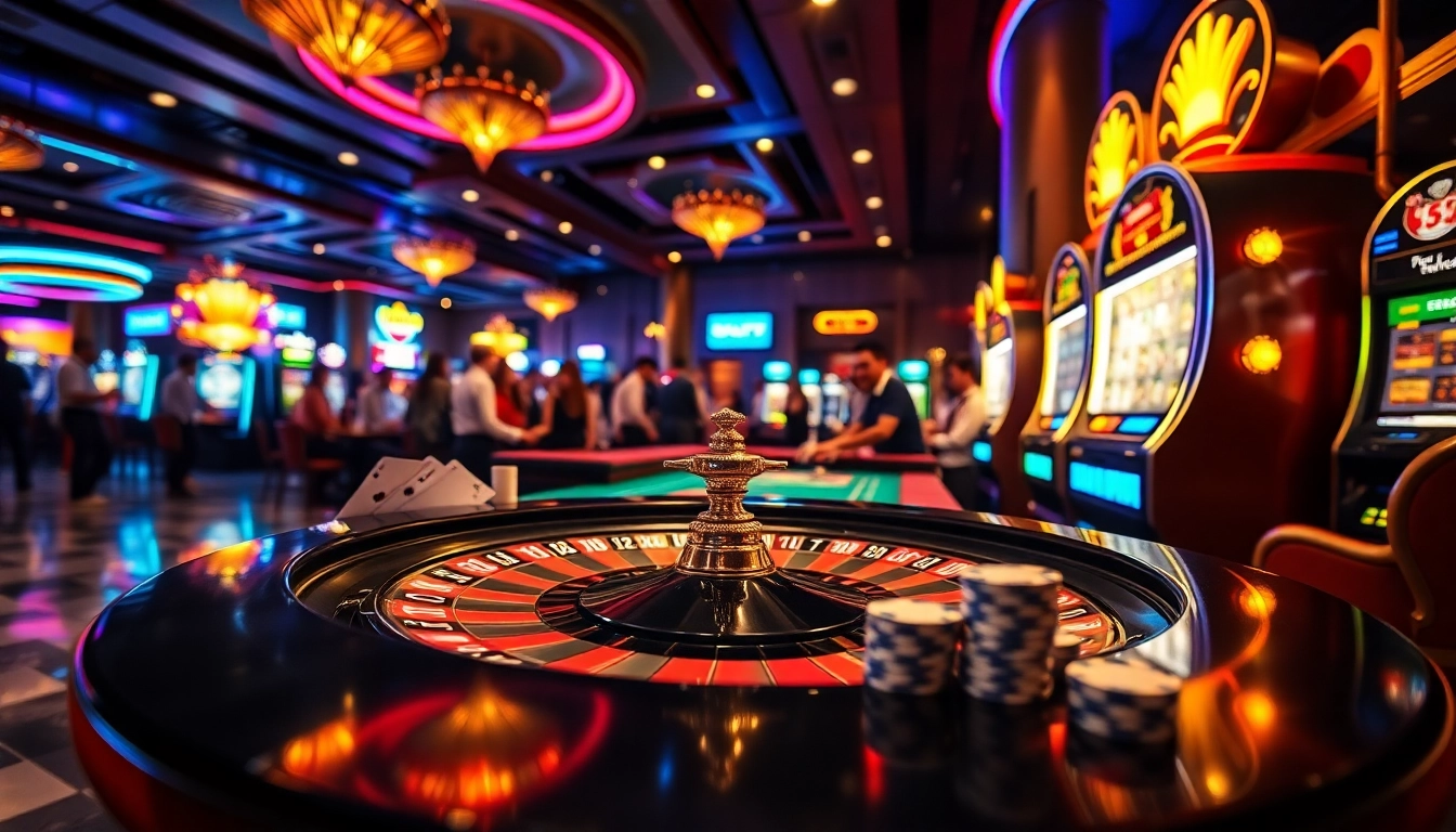 Experience ku bet excitement at a bustling casino, featuring roulette, poker chips, and vibrant atmosphere.