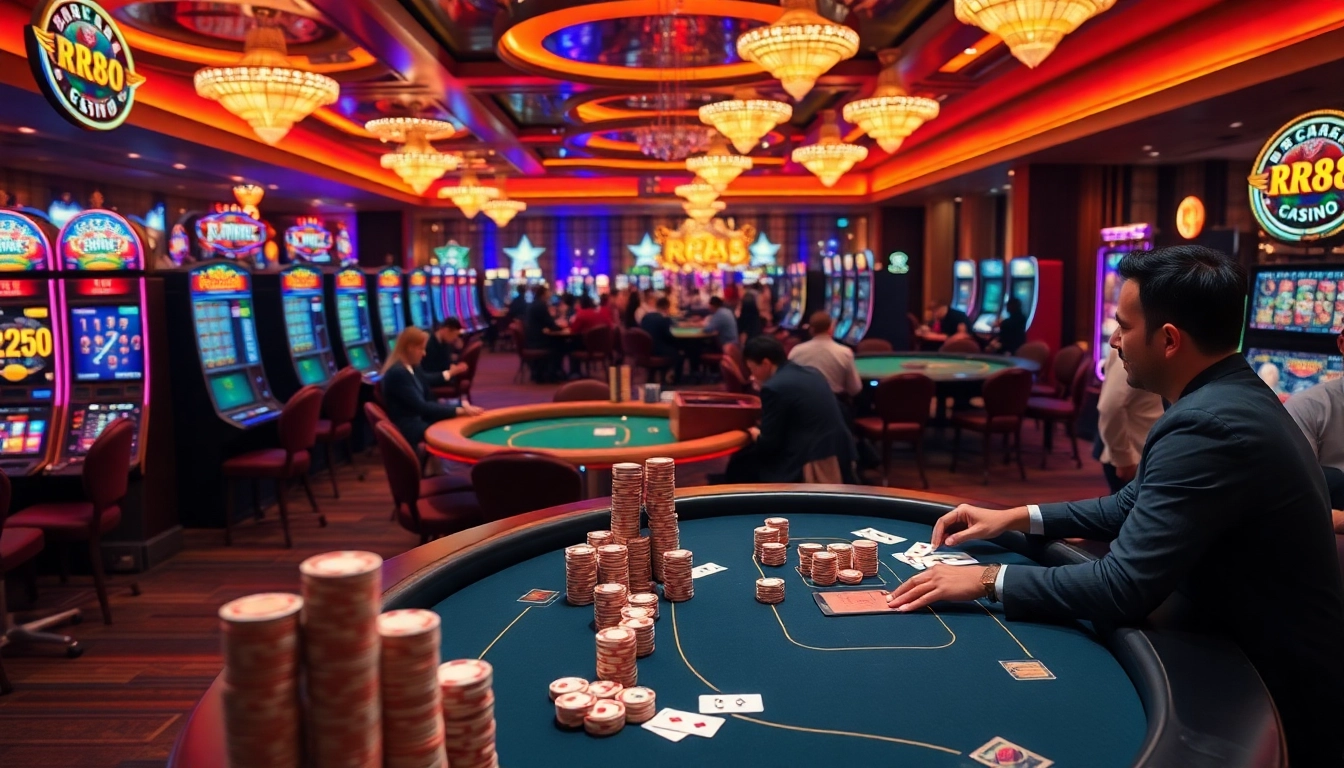 Exciting scene at rr88 casino featuring players at vibrant slots and poker tables.