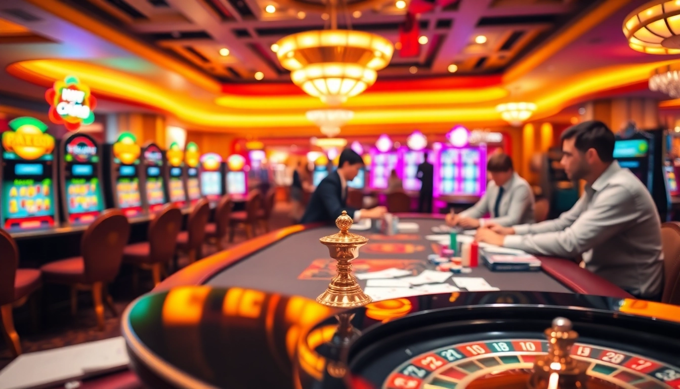 Exciting gaming scene showcasing Nhà cái uy tín at a vibrant casino with poker tables, roulette wheel, and slot machines.