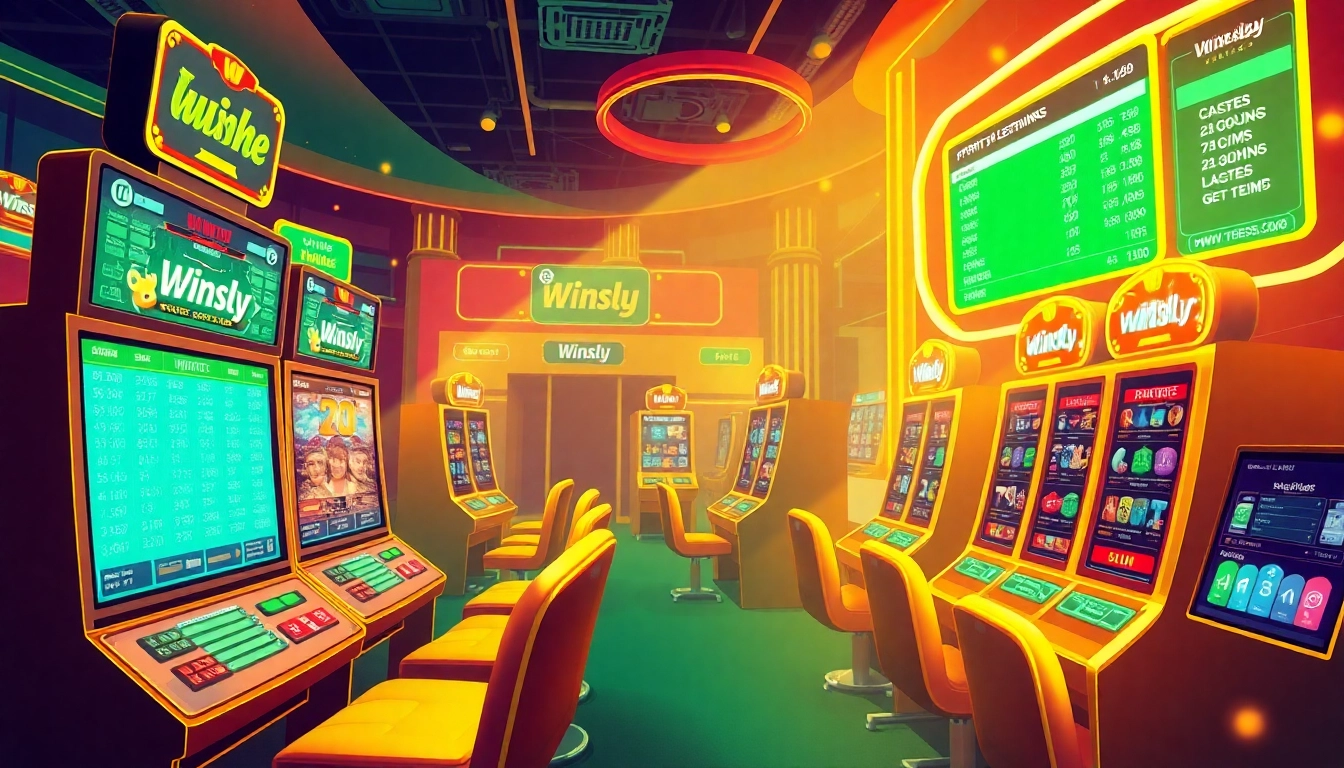 Experience the vibrant Winsly casino as animated slot machines spin and digital odds glow.