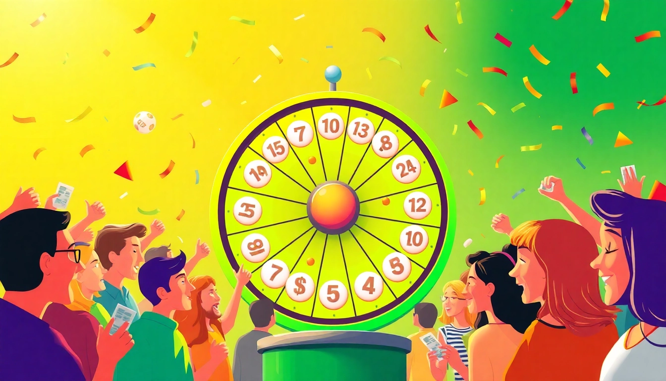 Excited players celebrating around a colorful lottery wheel filled with vibrant balls.