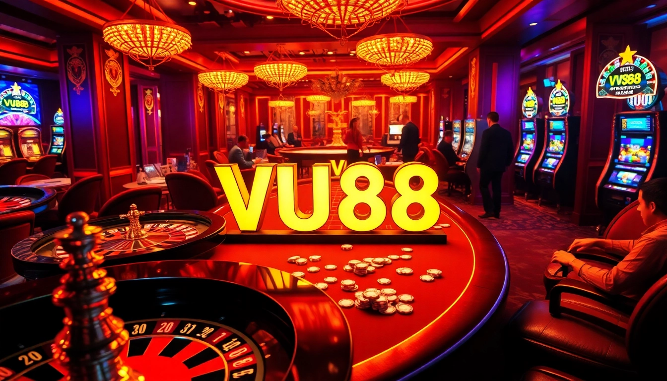 VU88 casino scene featuring players at a roulette wheel, engaging in thrilling gambling activities.