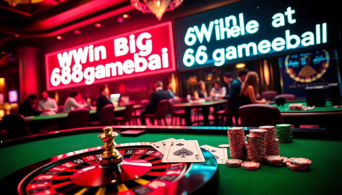 Experience the excitement of online gambling at https://68gamebai.download/ with a roulette wheel, poker cards, and vibrant casino chips.