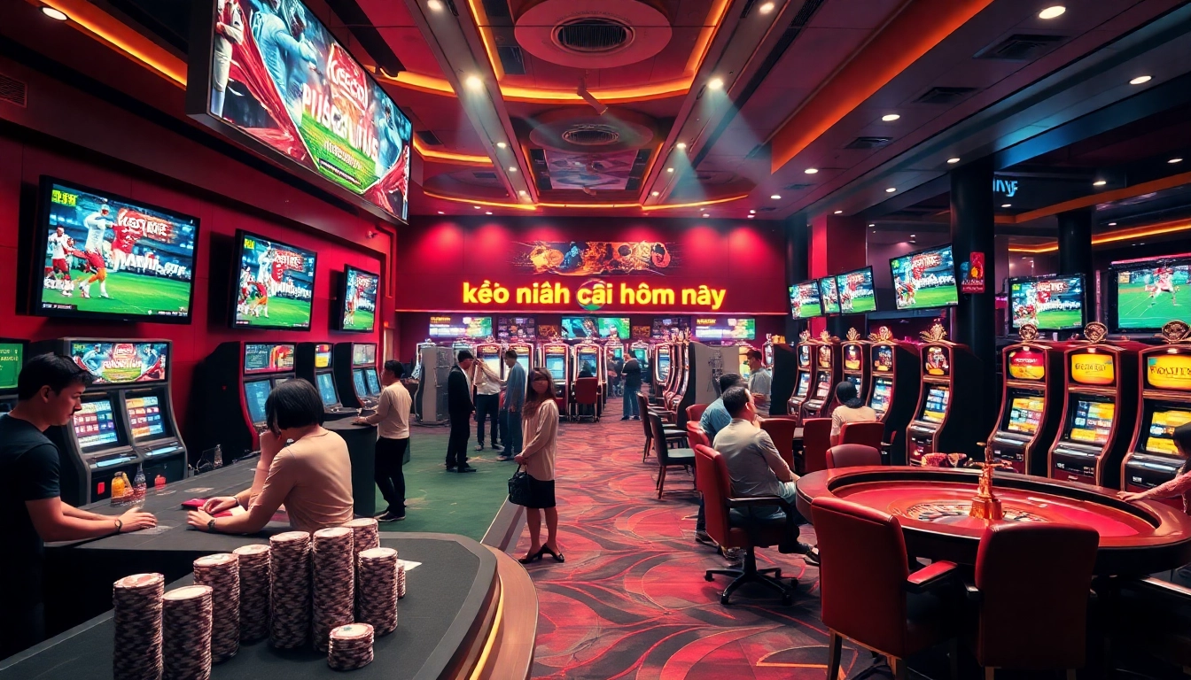 Kèo nhà cái hôm nay shines in a lively casino betting scene filled with excitement, showcasing football bets and vibrant slot machines.
