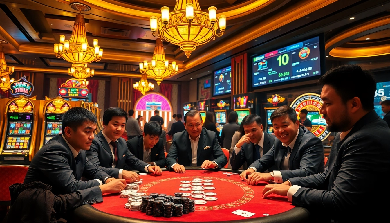 Players enjoying their games at the rr88 casino, surrounded by colorful slot machines and a spinning roulette wheel.