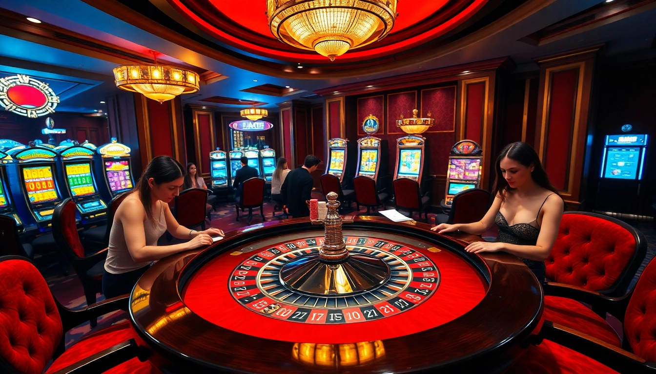Experience the thrill of Bet88vn at a vibrant casino roulette table with engaged players and colorful chips.