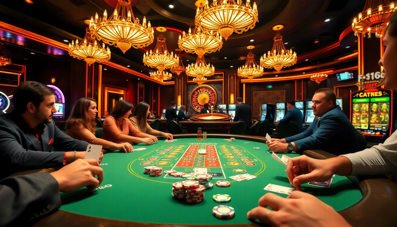 Intense poker action at F 168 casino table with colorful chips and engaged players.