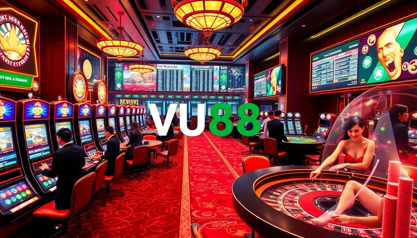 Engage in thrilling casino activities at VU88 with vibrant tables, slots, and lively players.