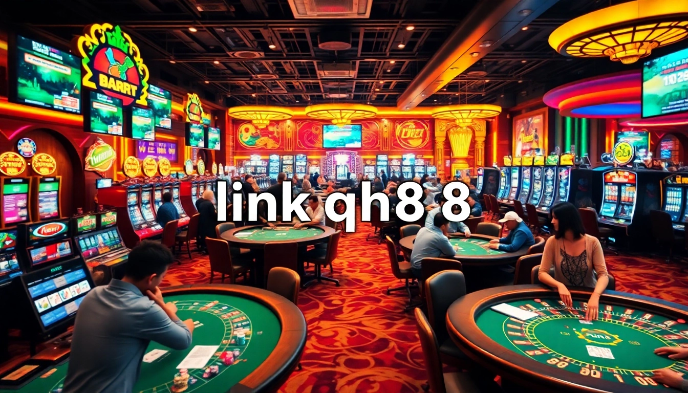 Visualize the excitement of the casino with players using the link qh88 for online gaming, surrounded by roulette wheels and vibrant slot machines.