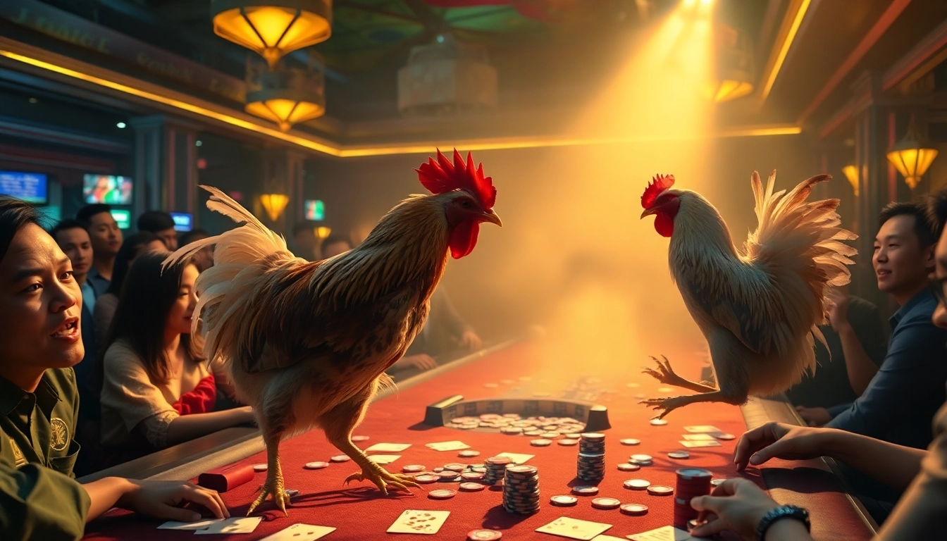 Experience ĐÁ Gà Trực Tiếp as excitement peaks at a live chicken fighting event amidst a crowded casino.
