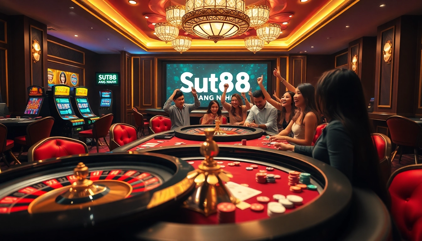 Excited players at a SUT88 ĐĂNG NHẬP roulette table, showcasing the thrill of winning in a vibrant casino.