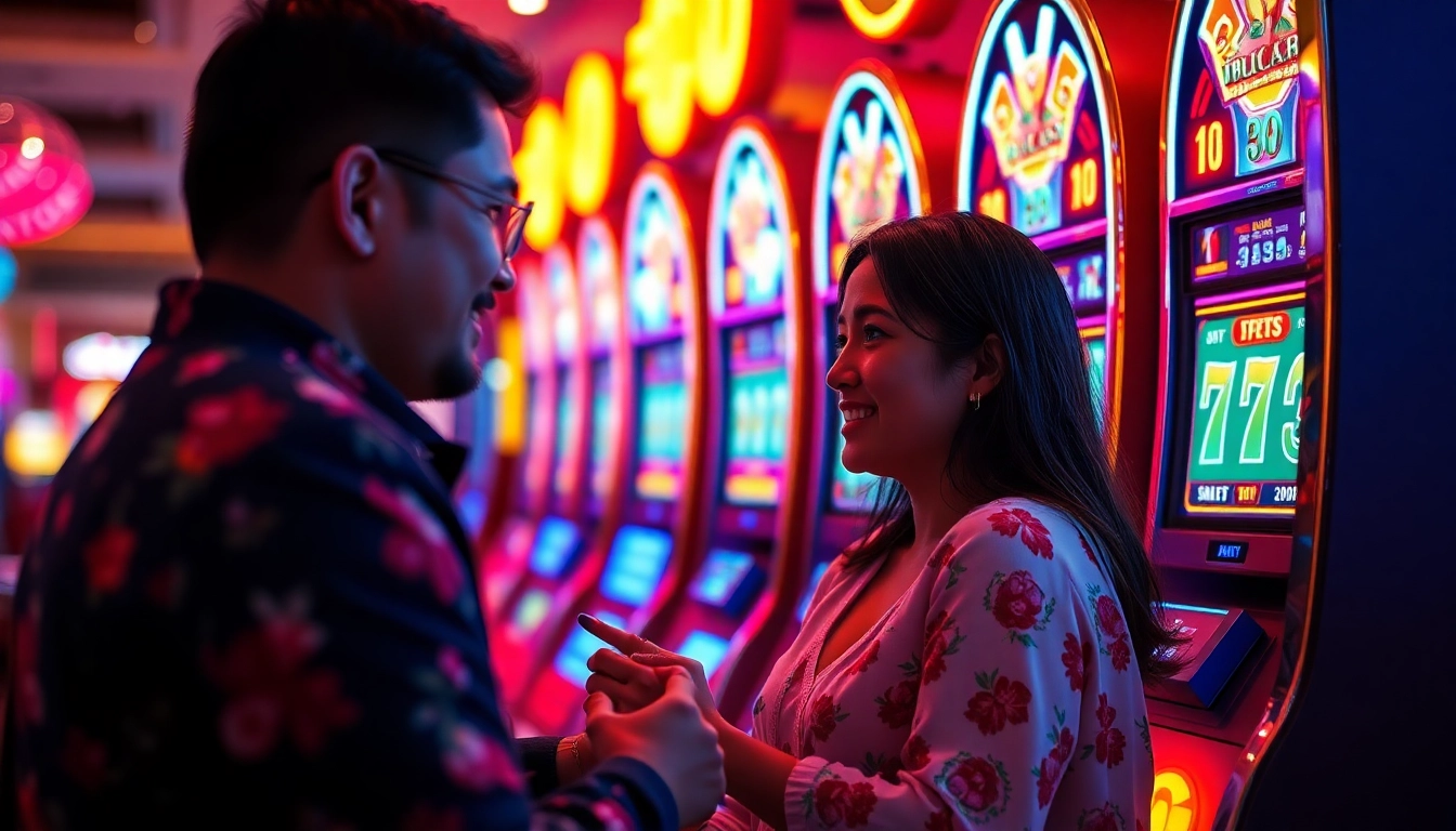 Gambar pemain bersemangat menikmati mesin slot gacor dengan pencahayaan neon yang cerah.