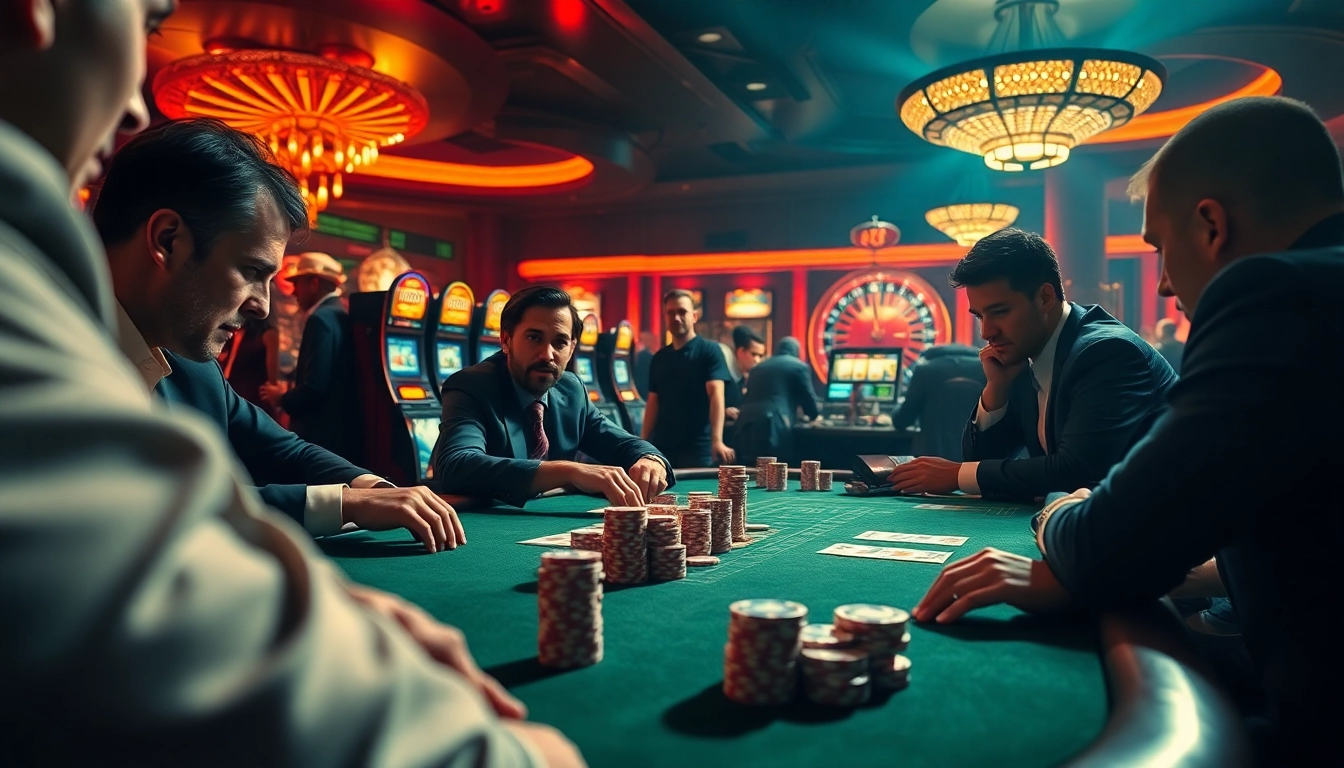 Players strategizing at a high-stakes poker table at https://thabetcom.dev/, with colorful chips and a thrilling casino atmosphere.