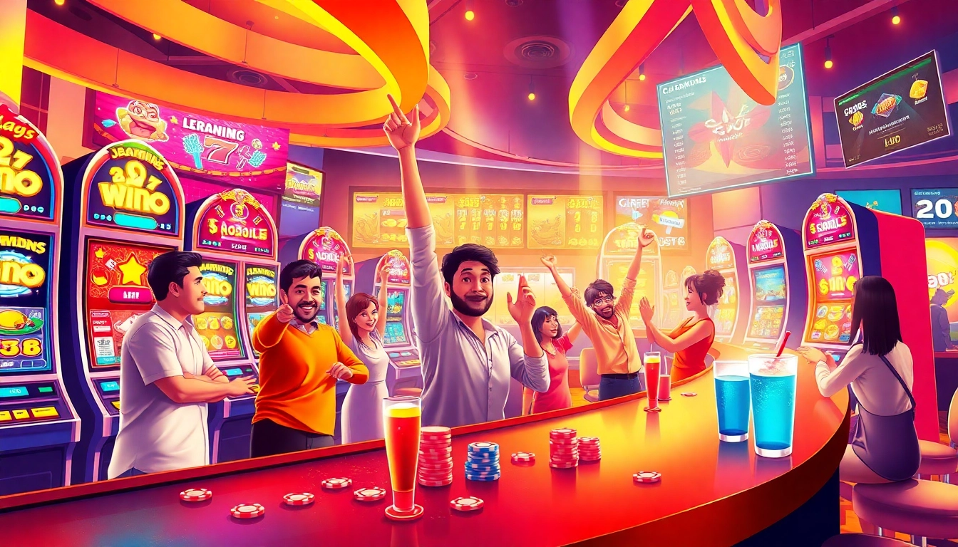 Players celebrating a win at a vibrant online casino featuring Slot gacor gaming machines.