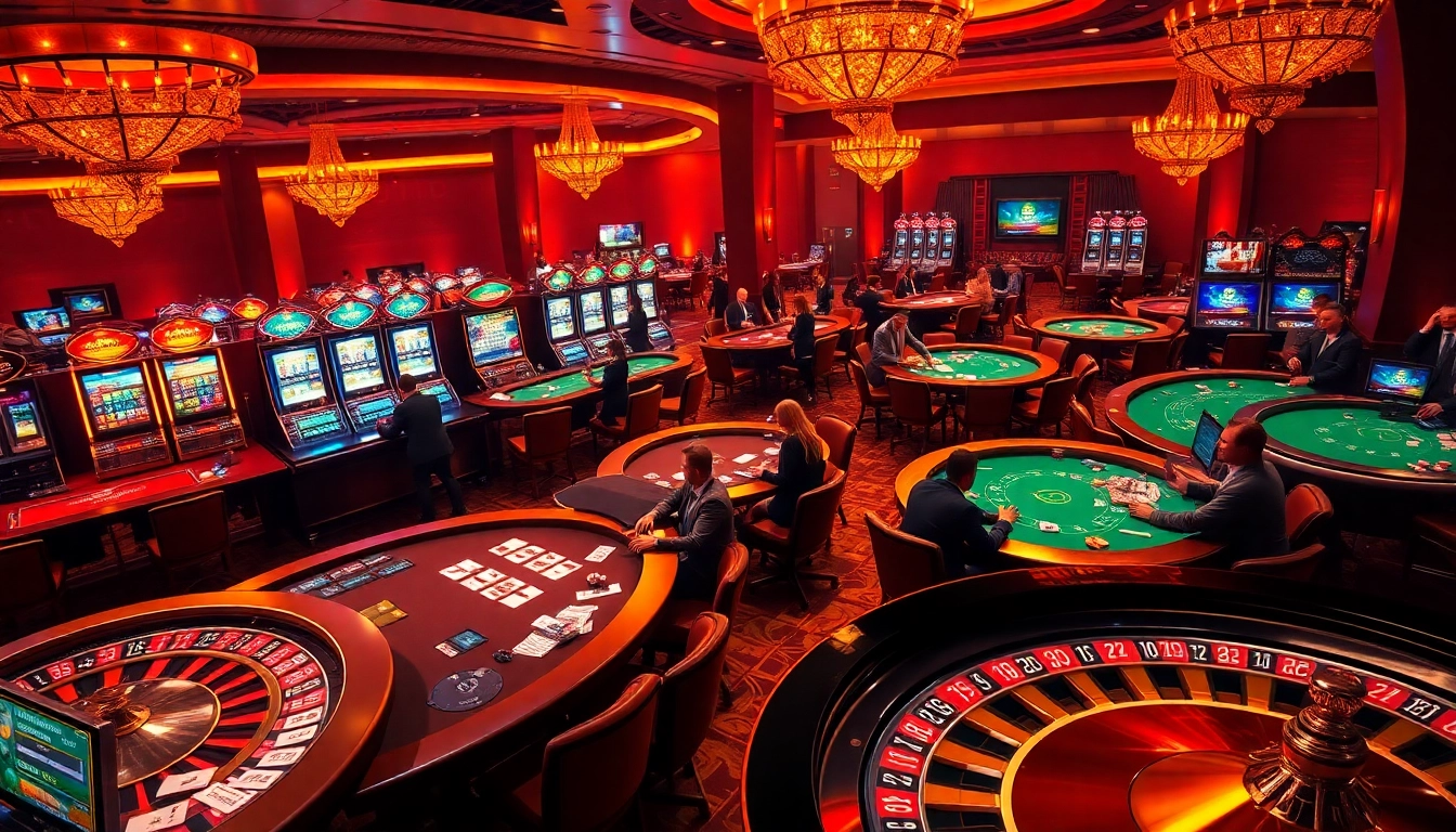 Exciting gaming atmosphere at Nohu90 casino with players at poker tables, slot machines, and roulette.