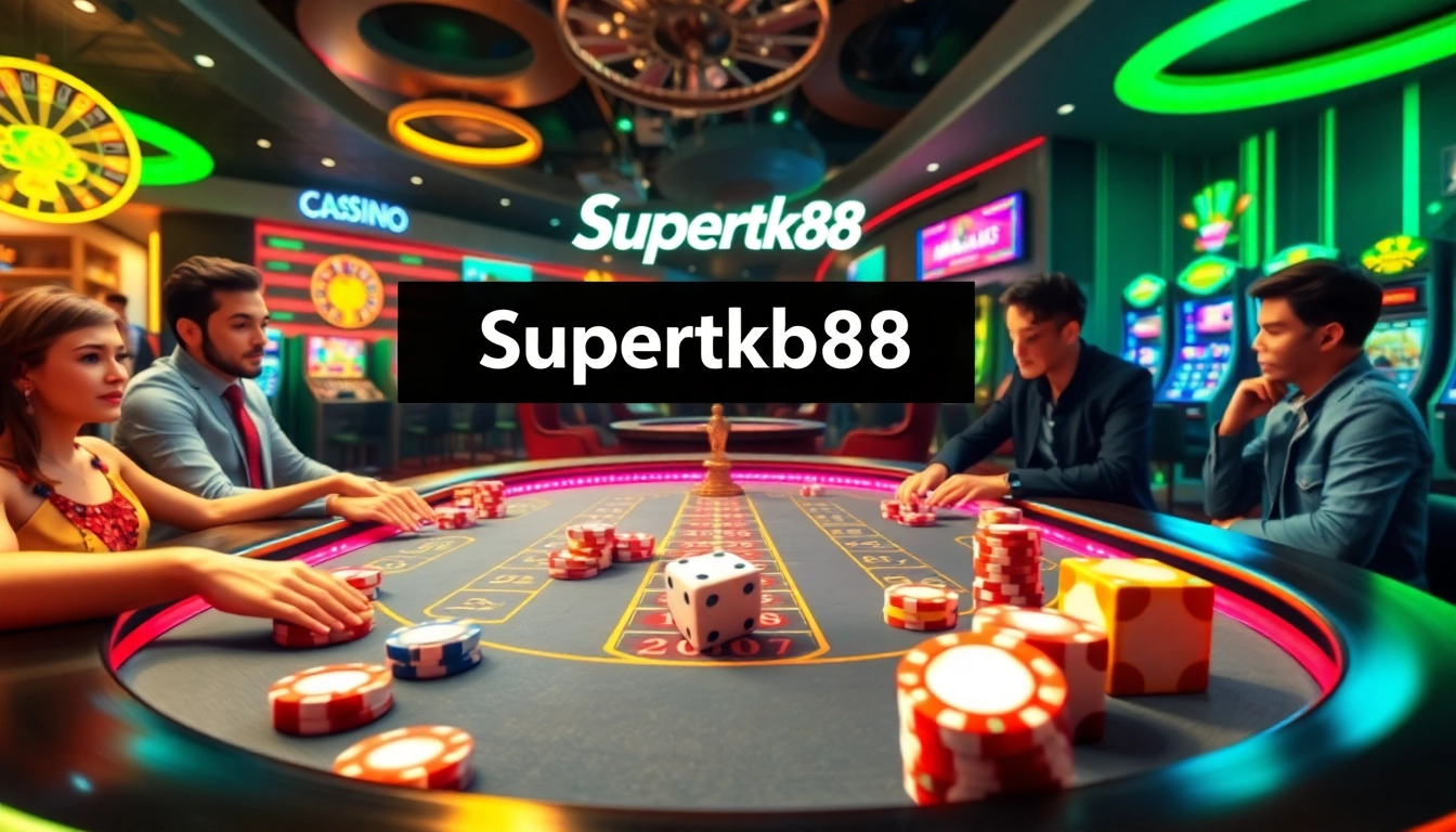 Supertkb88 showcases intense online poker action with vibrant games and colorful chips.