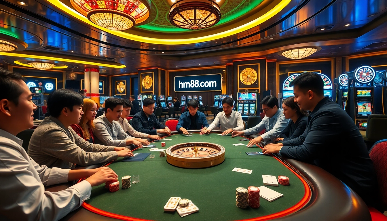 Experience the thrill of high-stakes poker at hm88. com with players and vibrant casino ambiance.
